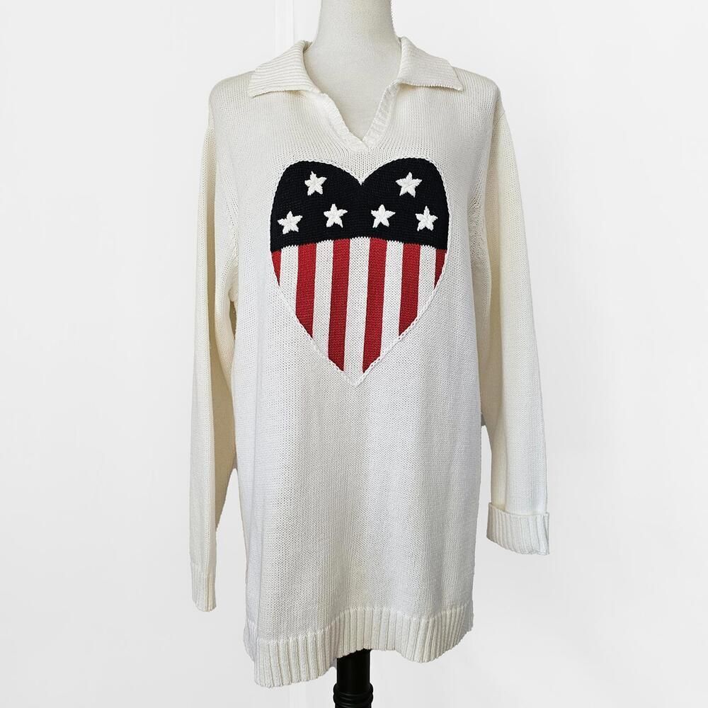 Quacker Factory Large White Long Sleeve Knit Sweater Heart Stars and Strips
